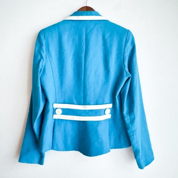 Ross Mayer LINEN Blue White Trim Two Button Fitted Summer Blazer 8 - Picture 4 of 6